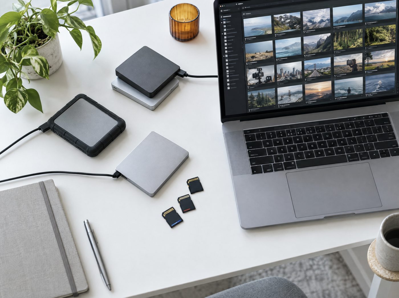 Disques durs, cartes mémoire et bibliothèque de vidéos organisée sur un bureau